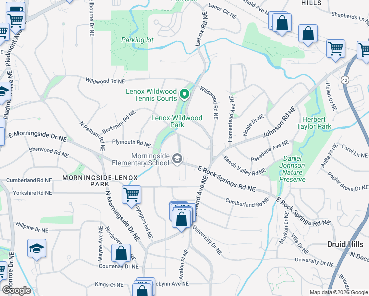map of restaurants, bars, coffee shops, grocery stores, and more near 1050 East Rock Springs Road Northeast in Atlanta