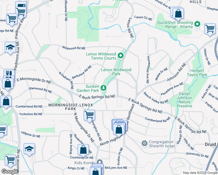 map of restaurants, bars, coffee shops, grocery stores, and more near 1605 East Sussex Road Northeast in Atlanta