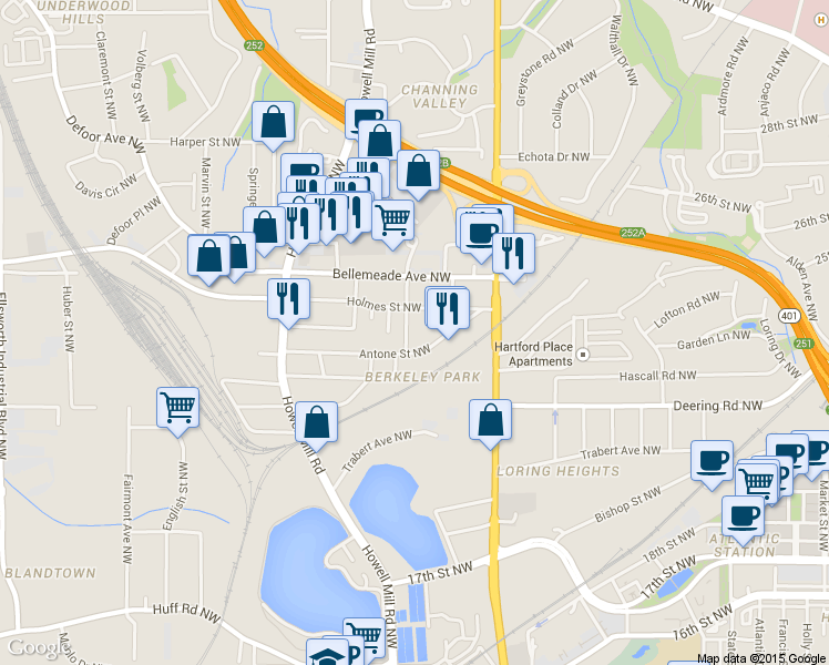 map of restaurants, bars, coffee shops, grocery stores, and more near 1603 Tallulah Street Northwest in Atlanta