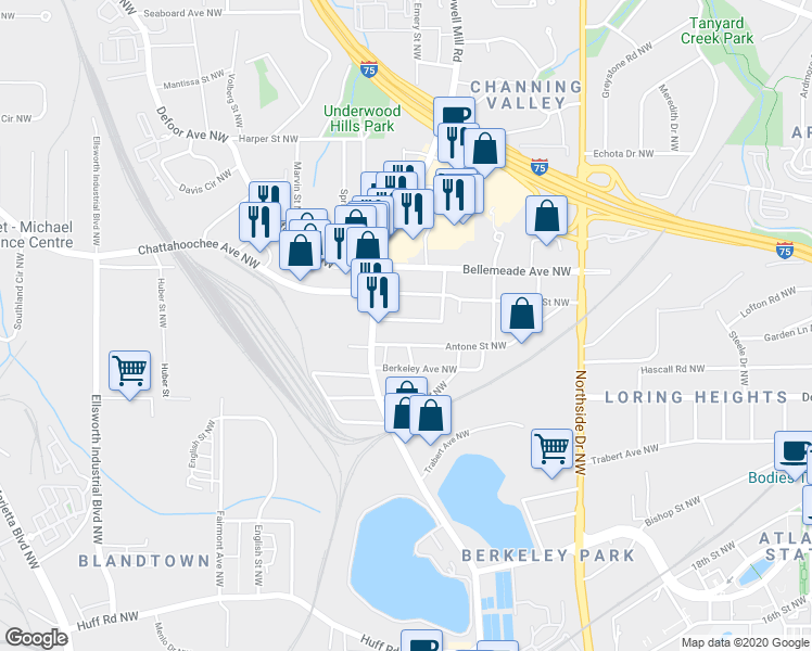 map of restaurants, bars, coffee shops, grocery stores, and more near 815 Antone Street Northwest in Atlanta