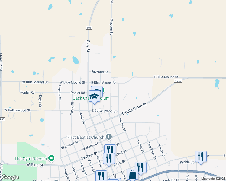 map of restaurants, bars, coffee shops, grocery stores, and more near 1000 Grayson Street in Nocona