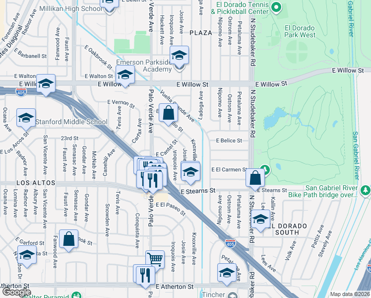 map of restaurants, bars, coffee shops, grocery stores, and more near Josie Avenue in Long Beach