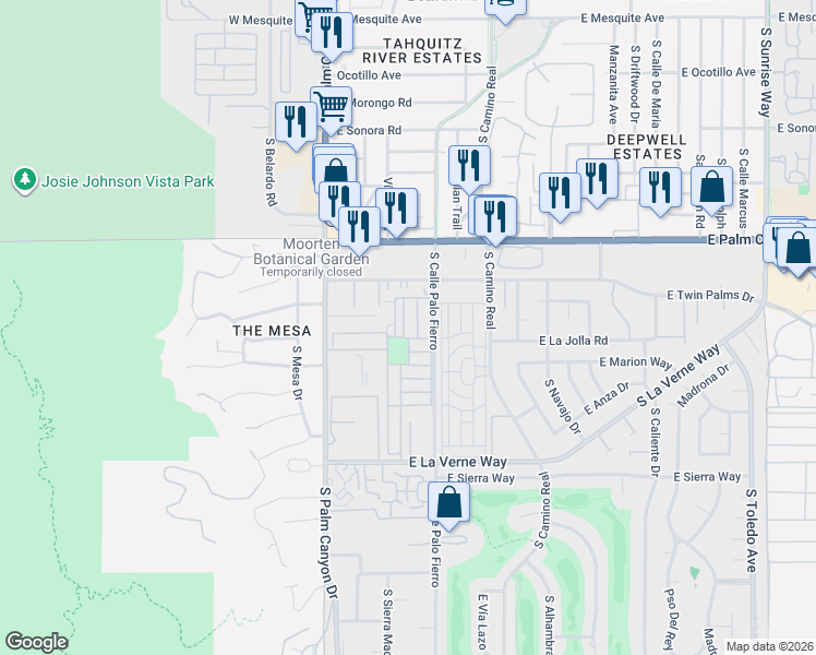 map of restaurants, bars, coffee shops, grocery stores, and more near 320 Lei Drive in Palm Springs