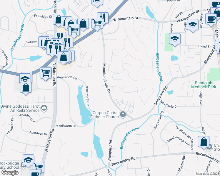 map of restaurants, bars, coffee shops, grocery stores, and more near 722 Stonehill Court in Stone Mountain