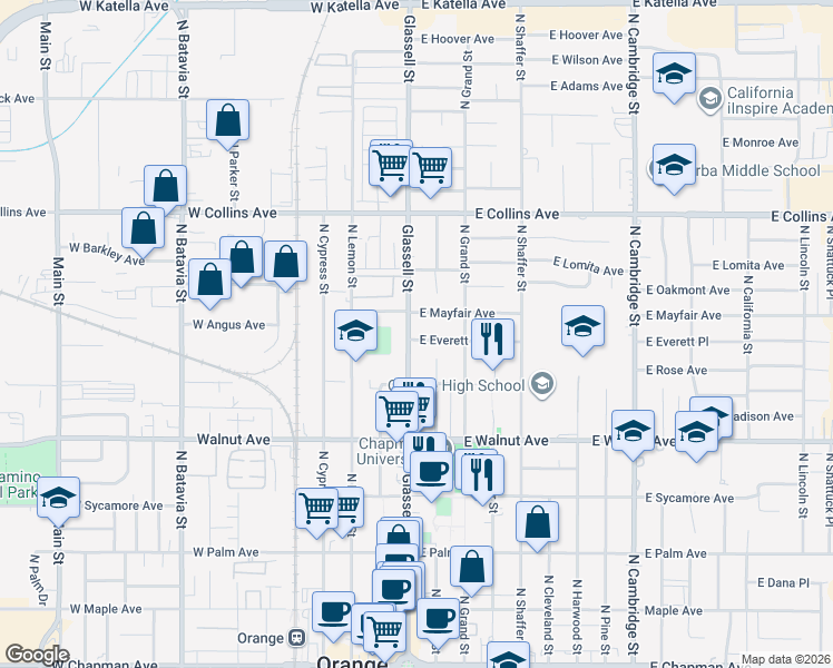 map of restaurants, bars, coffee shops, grocery stores, and more near 681 North Glassell Street in Orange