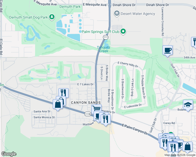 map of restaurants, bars, coffee shops, grocery stores, and more near 4777 Eagle Way in Palm Springs