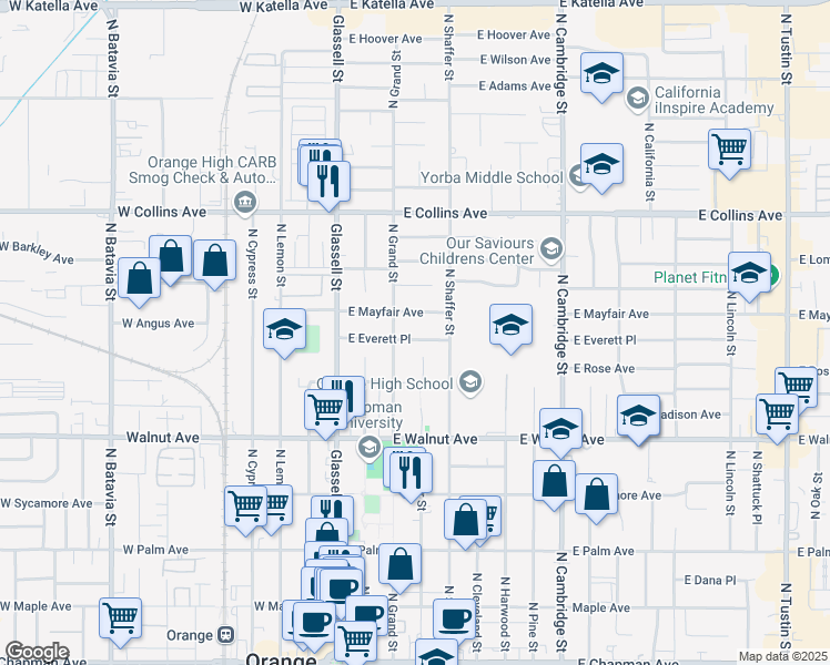 map of restaurants, bars, coffee shops, grocery stores, and more near 337 East Everett Place in Orange