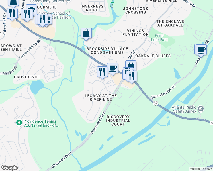 map of restaurants, bars, coffee shops, grocery stores, and more near 6294 Century Park Place Southeast in Mableton
