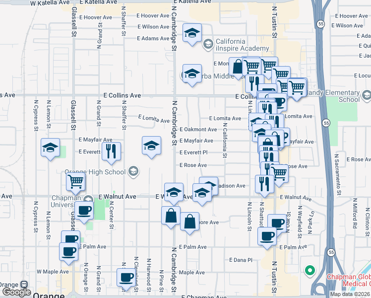 map of restaurants, bars, coffee shops, grocery stores, and more near 943 East Everett Place in Orange
