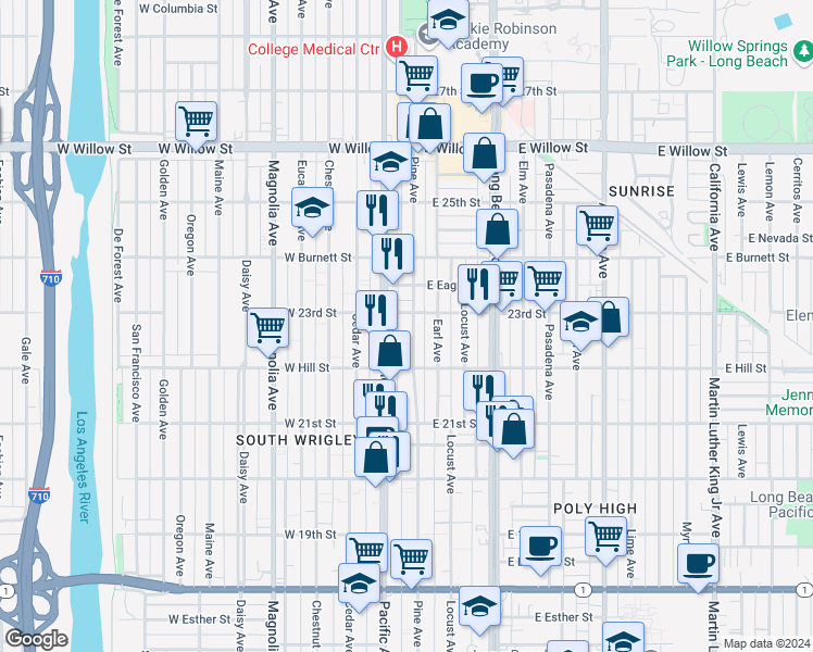 map of restaurants, bars, coffee shops, grocery stores, and more near 2275 Pine Avenue in Long Beach