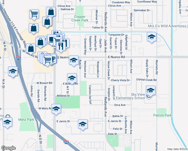 map of restaurants, bars, coffee shops, grocery stores, and more near 311 Tradition Street in Perris