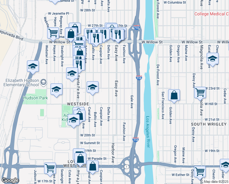 map of restaurants, bars, coffee shops, grocery stores, and more near 2245 Easy Avenue in Long Beach
