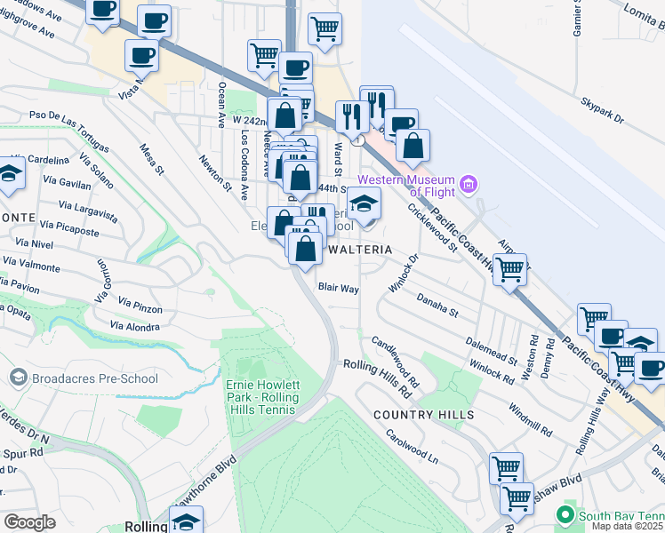 map of restaurants, bars, coffee shops, grocery stores, and more near 3619 Blair Way in Torrance