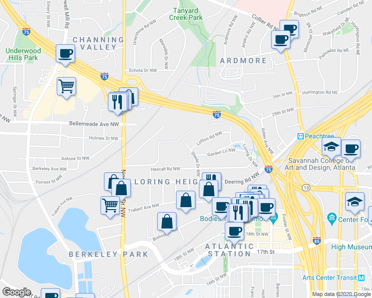 map of restaurants, bars, coffee shops, grocery stores, and more near 1604 Steele Drive Northwest in Atlanta