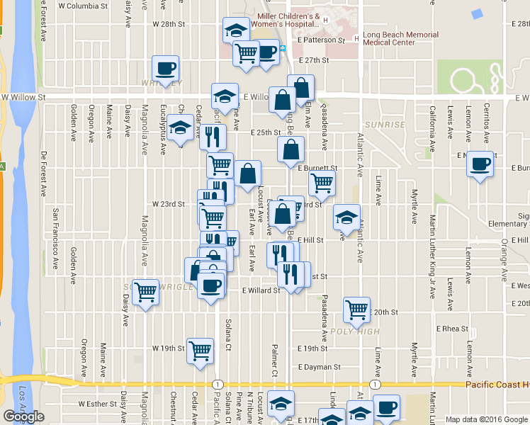 map of restaurants, bars, coffee shops, grocery stores, and more near 2277 Locust Avenue in Long Beach