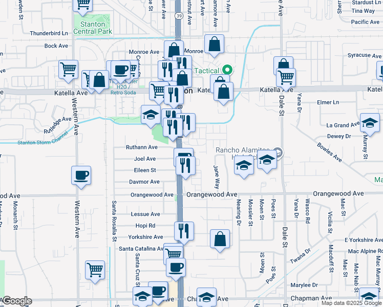 map of restaurants, bars, coffee shops, grocery stores, and more near 8037 Monaco in Stanton