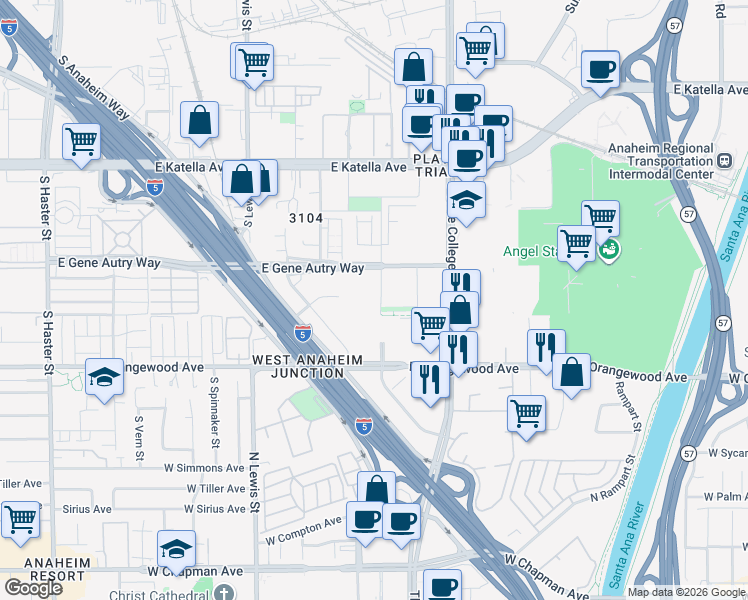 map of restaurants, bars, coffee shops, grocery stores, and more near 1860 Union Street in Anaheim
