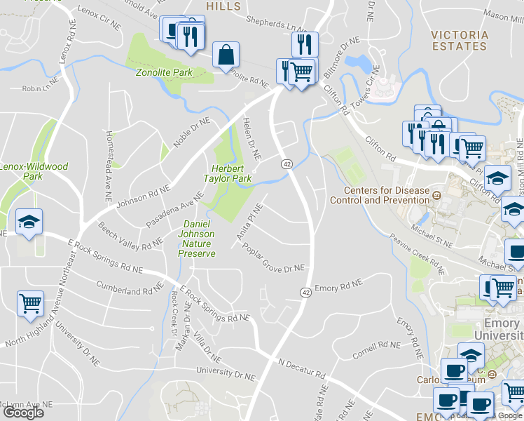 map of restaurants, bars, coffee shops, grocery stores, and more near 1629 Anita Place Northeast in Atlanta