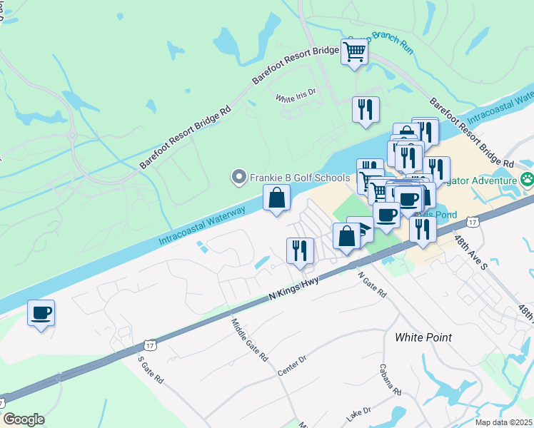 map of restaurants, bars, coffee shops, grocery stores, and more near 1100 Commons Boulevard in Myrtle Beach