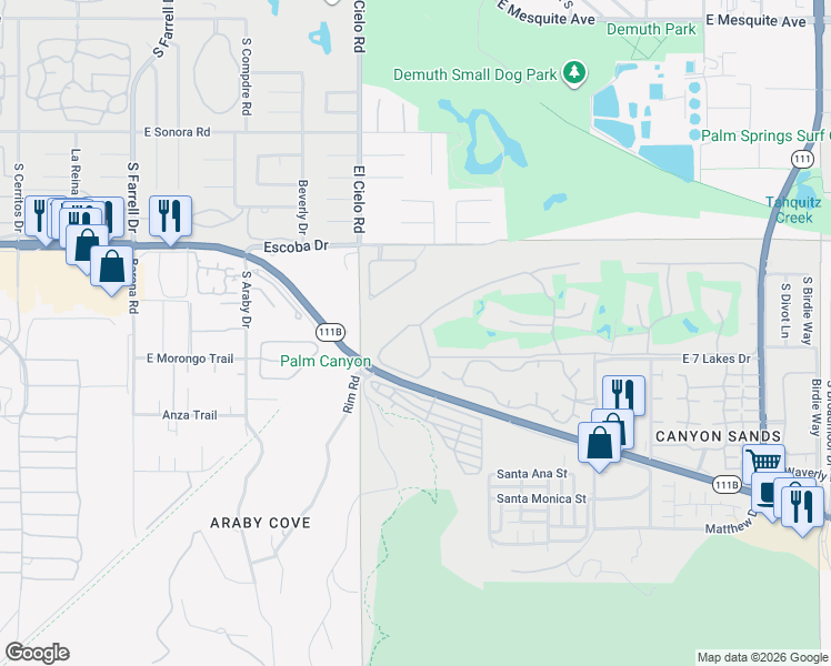 map of restaurants, bars, coffee shops, grocery stores, and more near 493 Desert Lakes Drive in Palm Springs