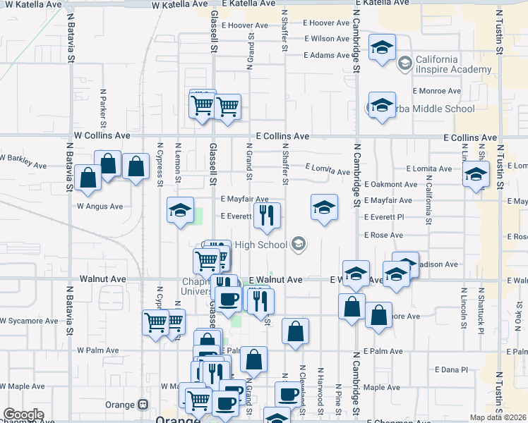 map of restaurants, bars, coffee shops, grocery stores, and more near 337 East Everett Place in Orange
