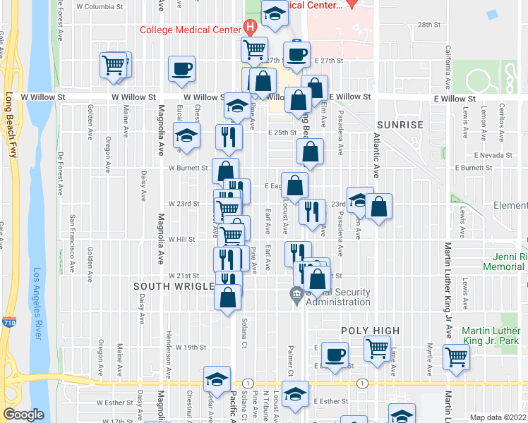 map of restaurants, bars, coffee shops, grocery stores, and more near 2277 Earl Avenue in Long Beach