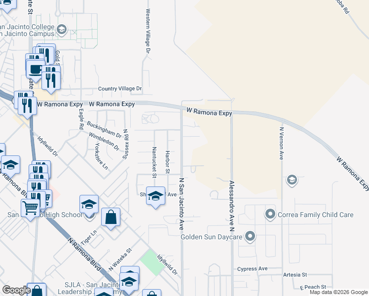 map of restaurants, bars, coffee shops, grocery stores, and more near 22314 North San Jacinto Avenue in San Jacinto