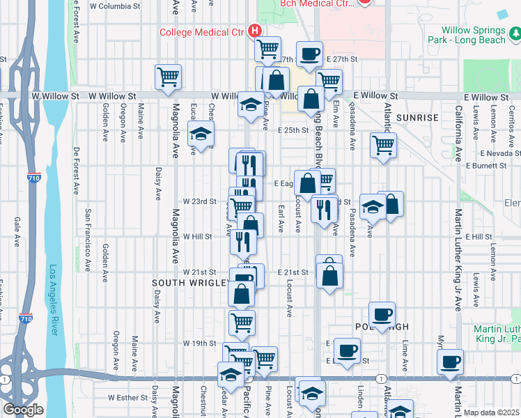 map of restaurants, bars, coffee shops, grocery stores, and more near 2275 Pine Avenue in Long Beach