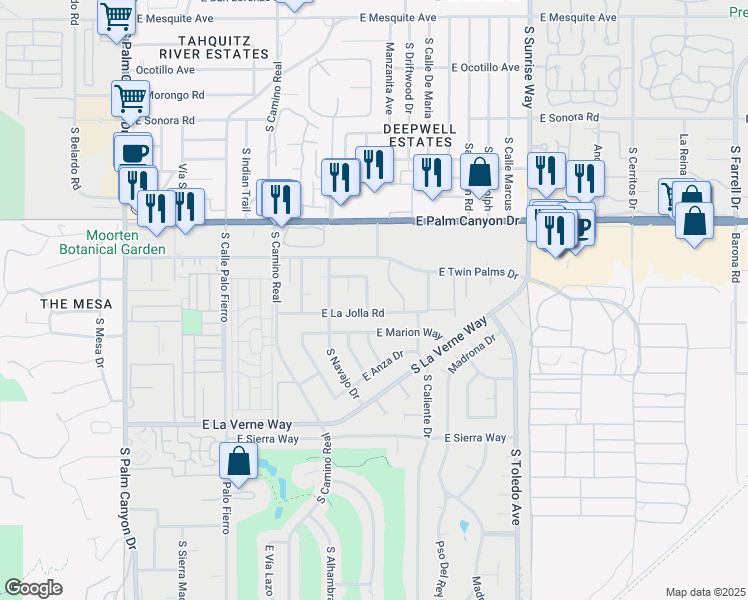 map of restaurants, bars, coffee shops, grocery stores, and more near 1882 South Caliente Drive in Palm Springs