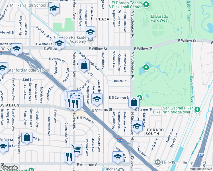 map of restaurants, bars, coffee shops, grocery stores, and more near 2331 Vuelta Grande Avenue in Long Beach