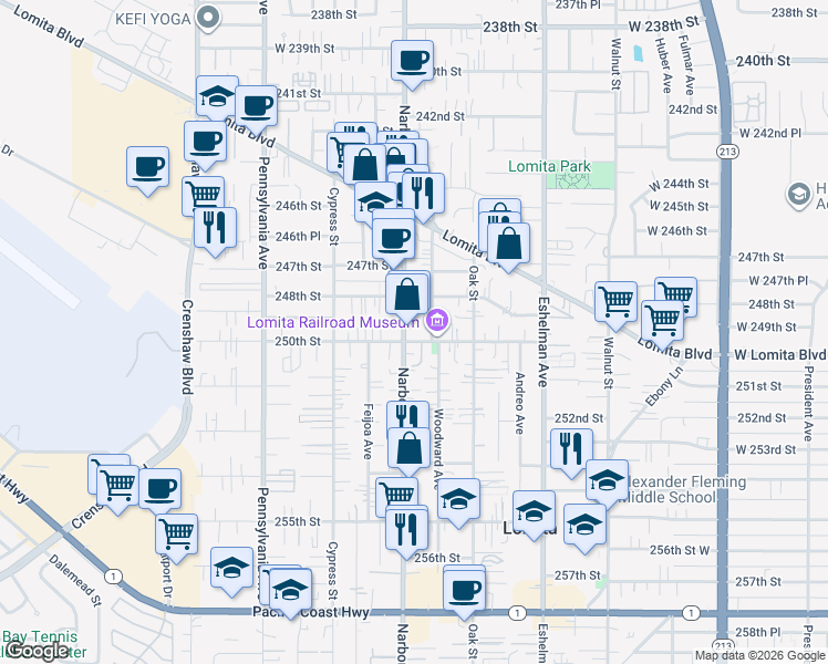 map of restaurants, bars, coffee shops, grocery stores, and more near 24836 Narbonne Avenue in Lomita