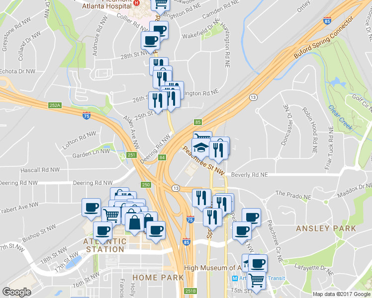 map of restaurants, bars, coffee shops, grocery stores, and more near 1641-1655 Peachtree Street Northwest in Atlanta