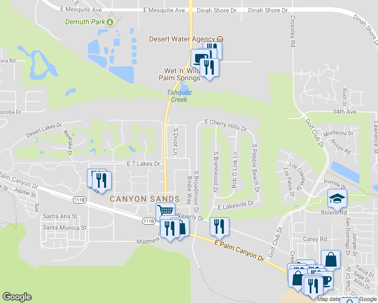 map of restaurants, bars, coffee shops, grocery stores, and more near 2104 South Birdie Way in Palm Springs