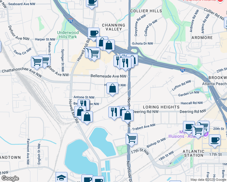 map of restaurants, bars, coffee shops, grocery stores, and more near 644 Antone Street Northwest in Atlanta