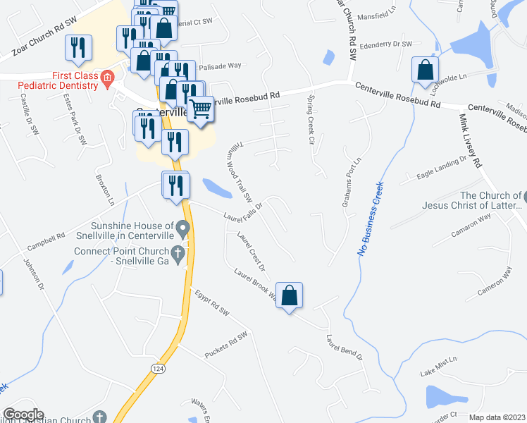 map of restaurants, bars, coffee shops, grocery stores, and more near 4142 Trillium Wood Trail Southwest in Snellville