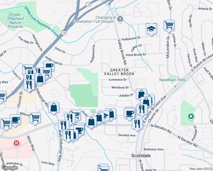 map of restaurants, bars, coffee shops, grocery stores, and more near 2926 Westbury Drive in Decatur