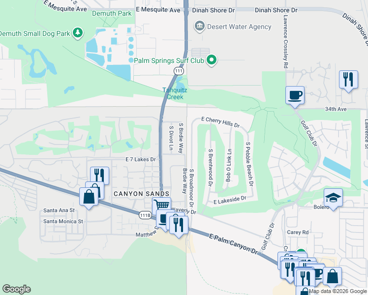 map of restaurants, bars, coffee shops, grocery stores, and more near 2177 South Broadmoor Drive in Palm Springs