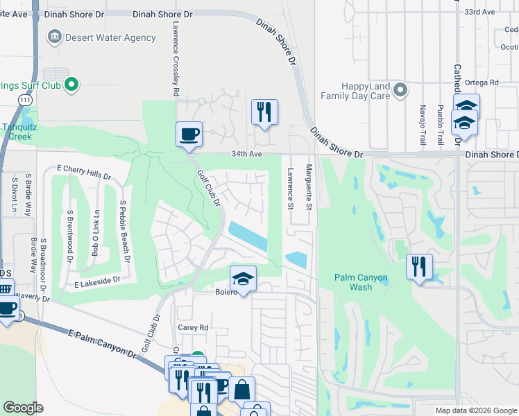 map of restaurants, bars, coffee shops, grocery stores, and more near 6117 Arroyo Road in Palm Springs