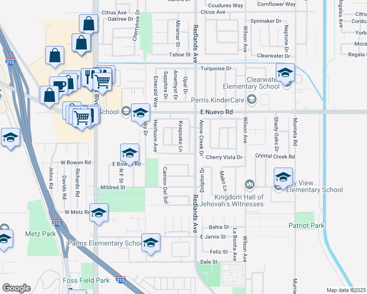 map of restaurants, bars, coffee shops, grocery stores, and more near 1459 Keepsake Lane in Perris