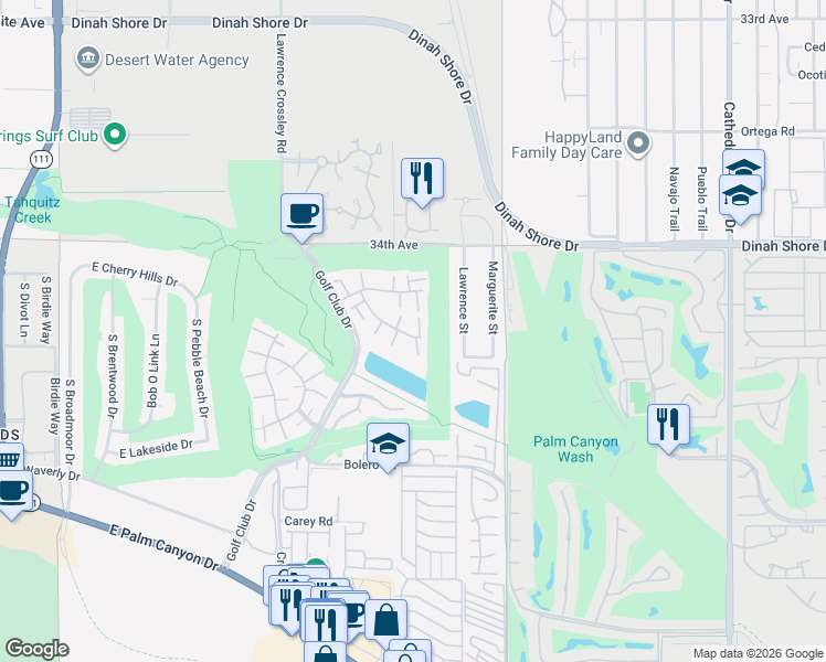map of restaurants, bars, coffee shops, grocery stores, and more near 6117 Arroyo Road in Palm Springs
