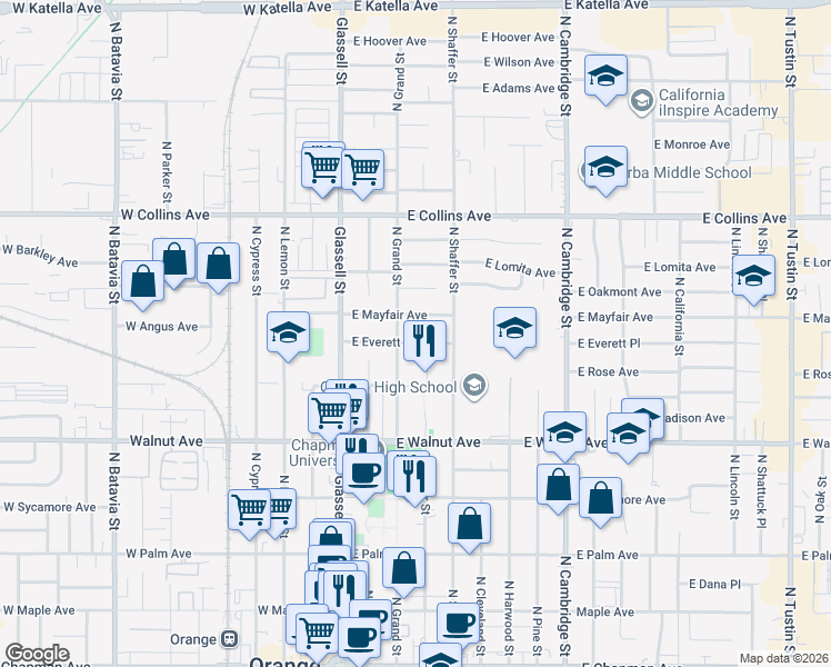 map of restaurants, bars, coffee shops, grocery stores, and more near 314 East Everett Place in Orange