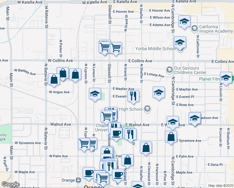 map of restaurants, bars, coffee shops, grocery stores, and more near 200 East Everett Place in Orange