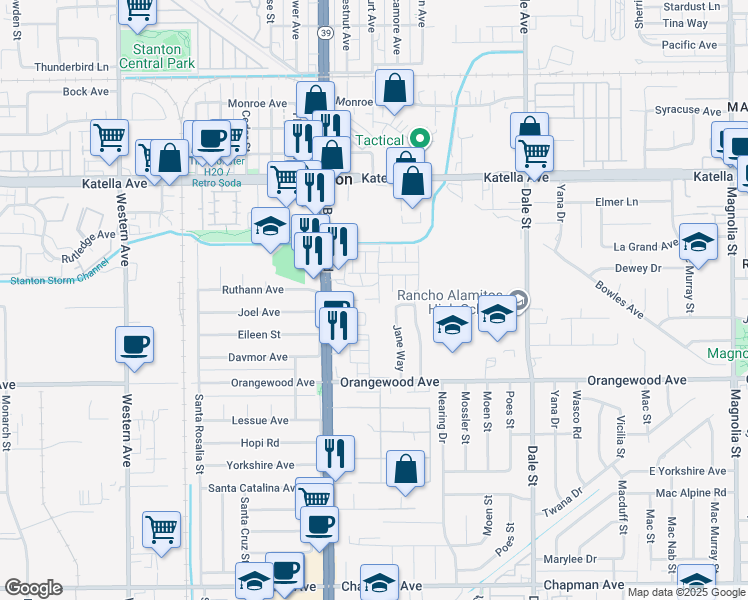 map of restaurants, bars, coffee shops, grocery stores, and more near 11341 Castello in Stanton