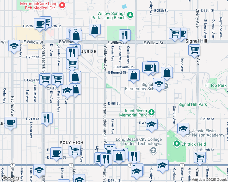 map of restaurants, bars, coffee shops, grocery stores, and more near 2239 Lemon Avenue in Long Beach