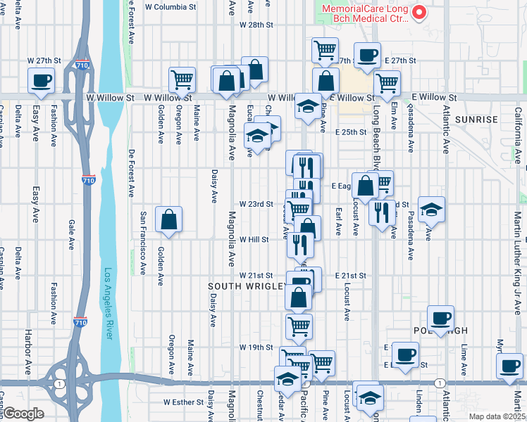 map of restaurants, bars, coffee shops, grocery stores, and more near 2240 Chestnut Avenue in Long Beach