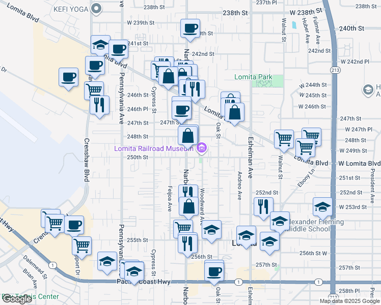 map of restaurants, bars, coffee shops, grocery stores, and more near 25004 Narbonne Avenue in Lomita