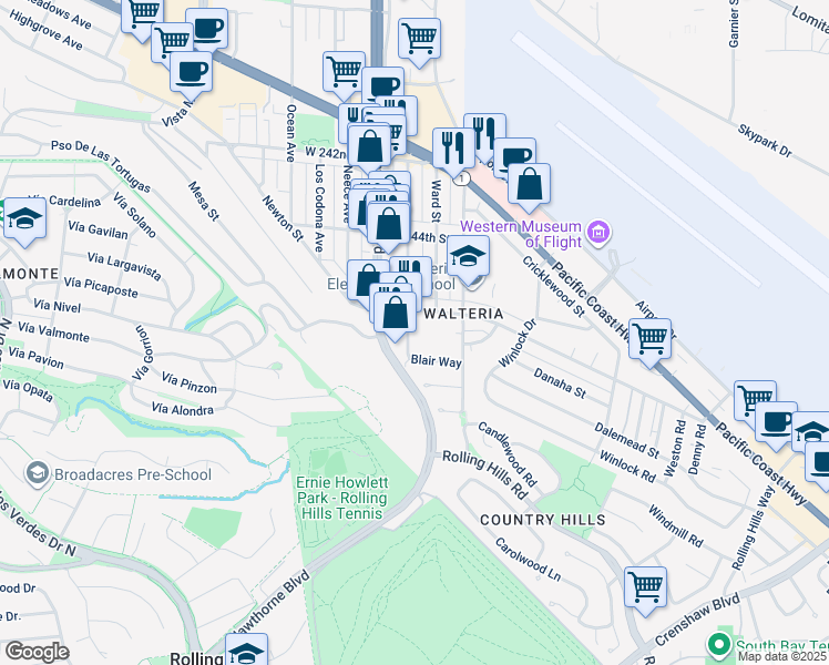 map of restaurants, bars, coffee shops, grocery stores, and more near 24596 Hawthorne Boulevard in Torrance