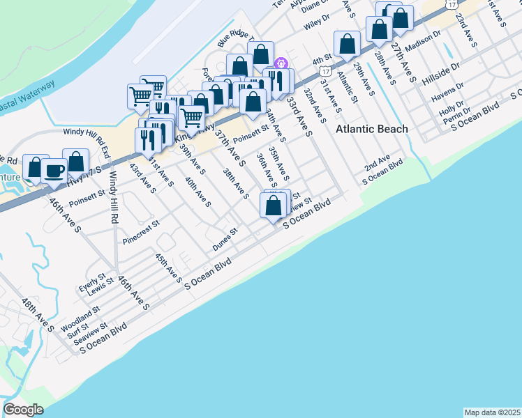 map of restaurants, bars, coffee shops, grocery stores, and more near 3702 South Ocean Boulevard in North Myrtle Beach
