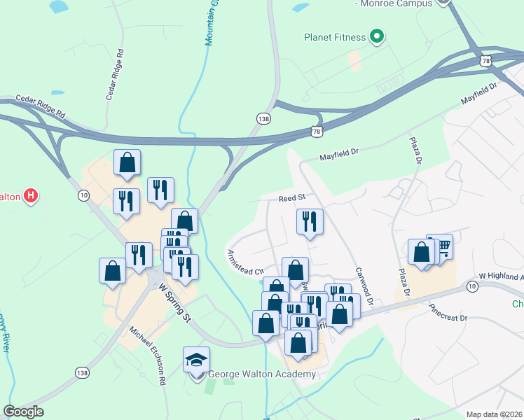 map of restaurants, bars, coffee shops, grocery stores, and more near 415 Etten Drive in Monroe