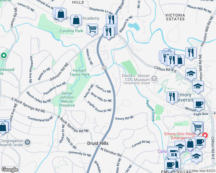 map of restaurants, bars, coffee shops, grocery stores, and more near 1243 Carol Lane Northeast in Atlanta